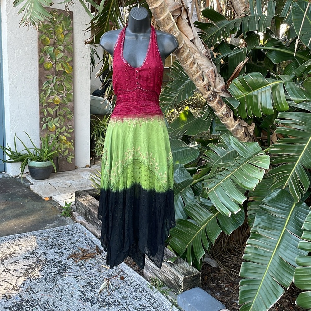 Tie-dye Ren fair handkerchief, ham halter dress with sheer elements